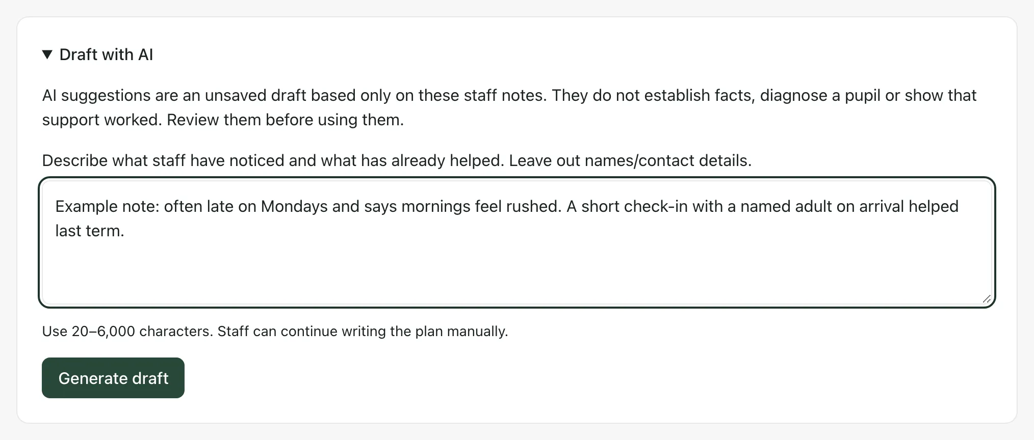 Draft with AI open, with an example staff note typed in the box and the Generate draft button.