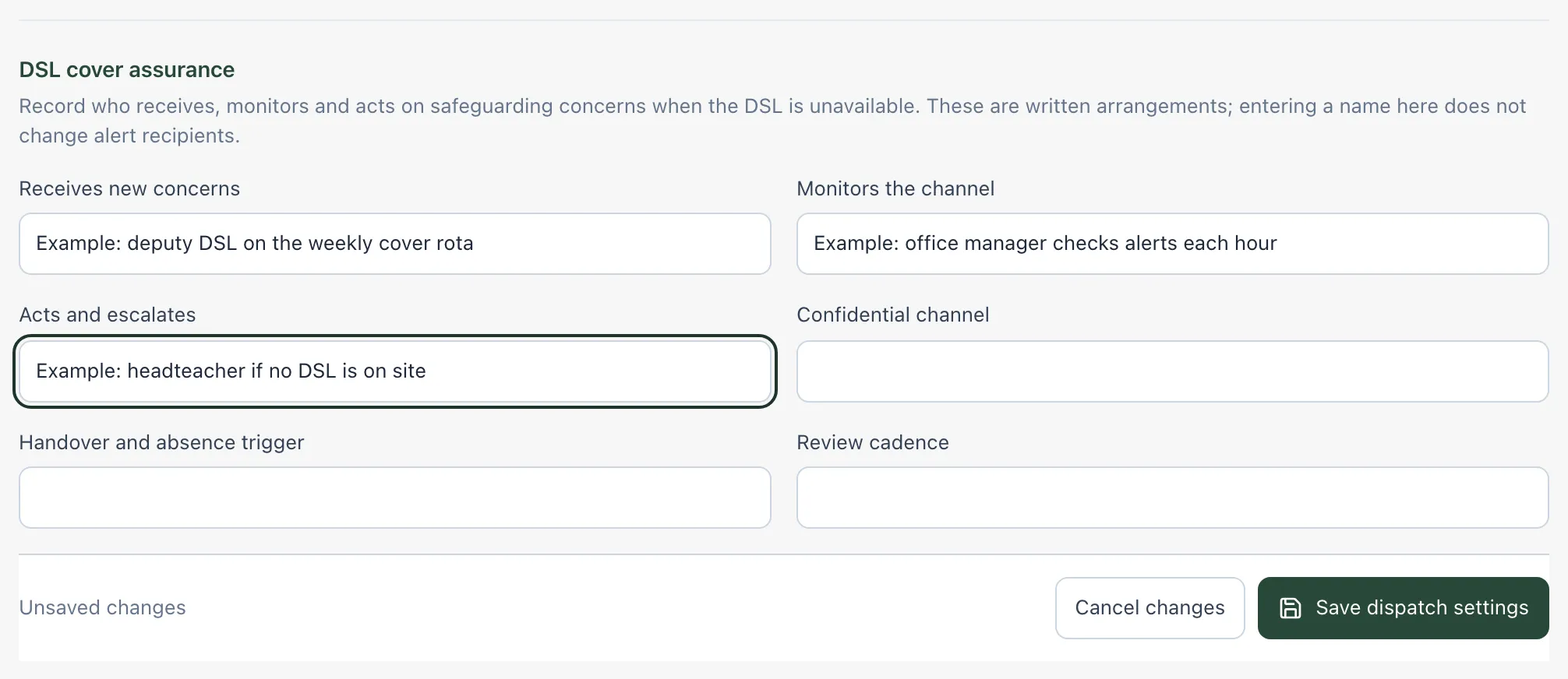 The DSL cover assurance section, with example text in Receives new concerns, Monitors the channel and Acts and escalates, and the Save dispatch settings button below.
