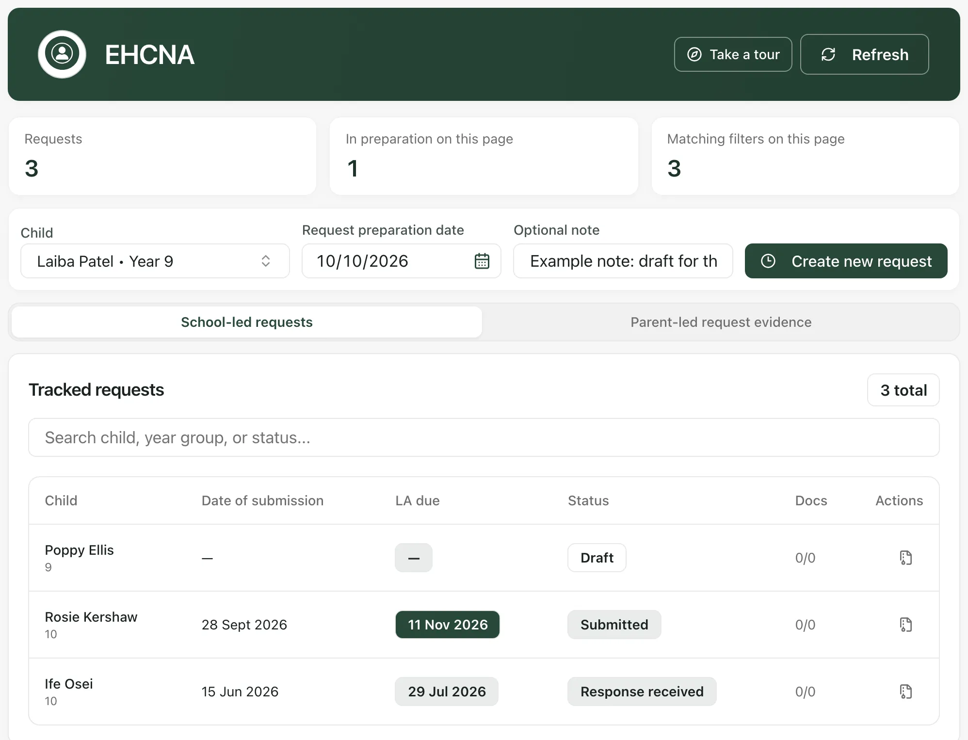 The EHCNA page. Laiba Patel is chosen as the child, with a request preparation date and an example note, and Create new request beside them. Below, the Tracked requests table lists three requests with their date of submission, LA due date, status and documents.