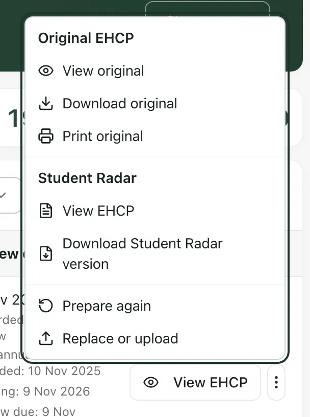 The EHCP options menu for a pupil, with View original, Download original, Print original, View EHCP, Download Student Radar version, Prepare again and Replace or upload.