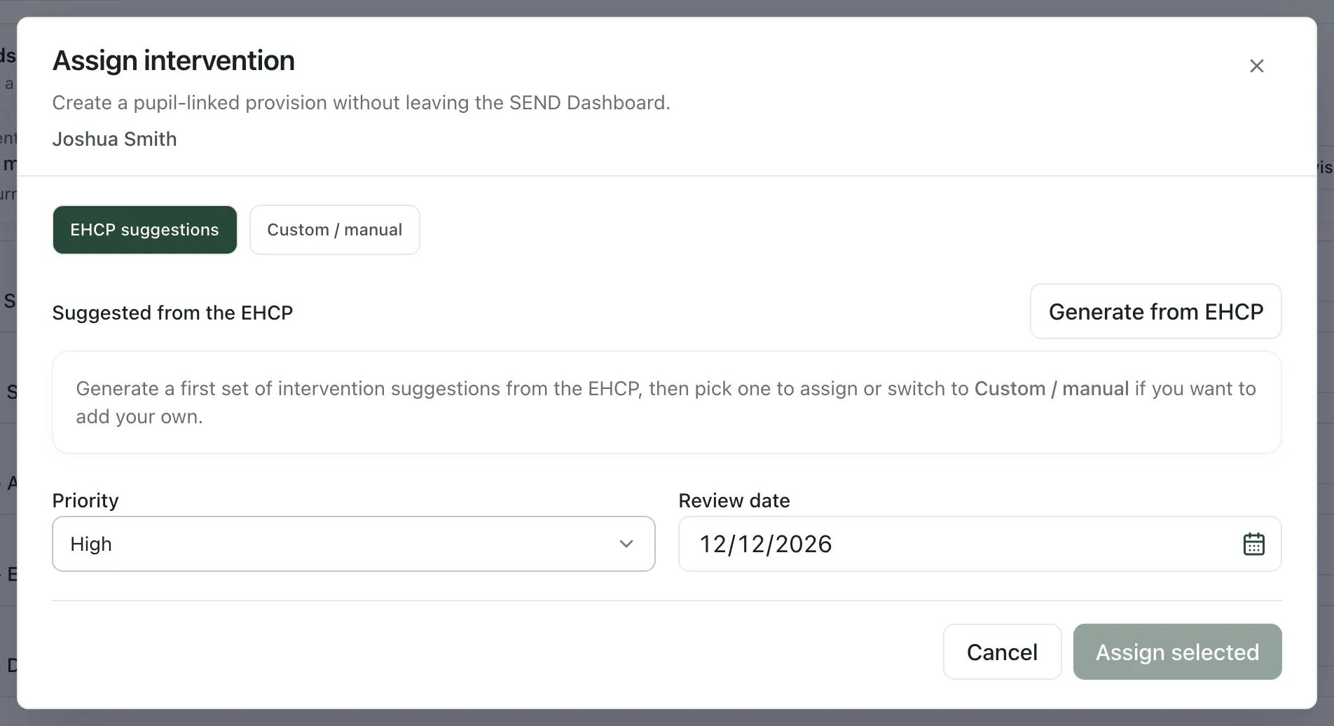 The Assign intervention window for a pupil, open on EHCP suggestions. Generate from EHCP is at the top right, with Priority and Review date below and Assign selected greyed out.