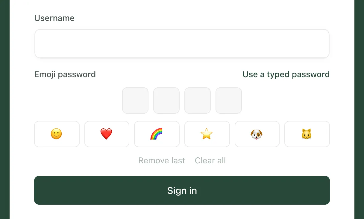 The emoji password picker. Under the Username box are four empty boxes and six emoji buttons: a smiley face, a heart, a rainbow, a star, a dog and a cat. Under them are Remove last, Clear all and the Sign in button.