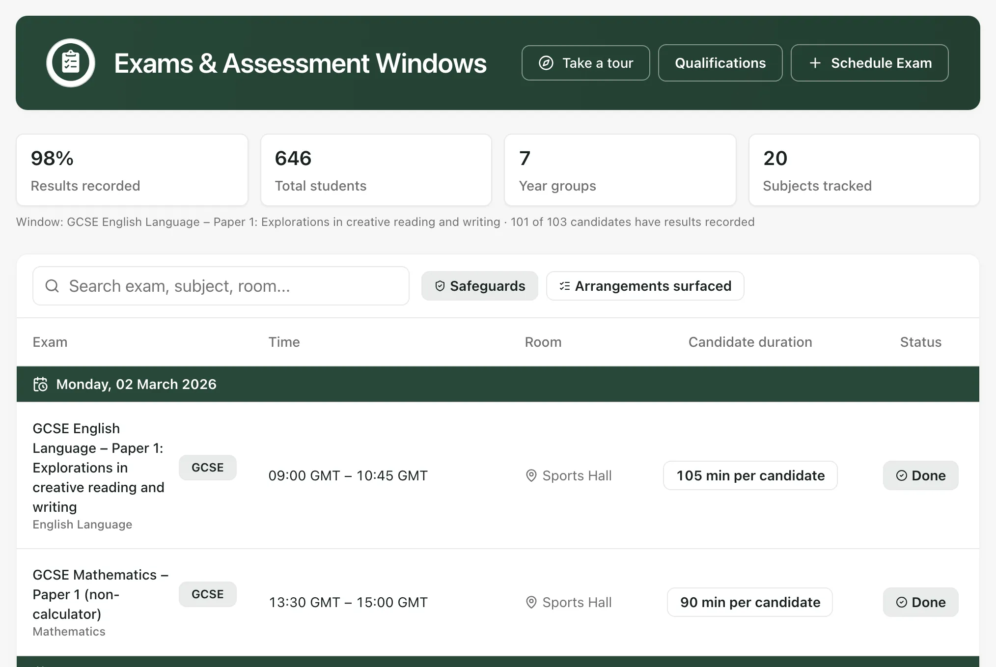 The Exams & Assessment Windows page. Four cards show 98% results recorded, 646 total students, 7 year groups and 20 subjects tracked. Below them, the timetable lists each exam by day with its time, room, candidate duration and status.