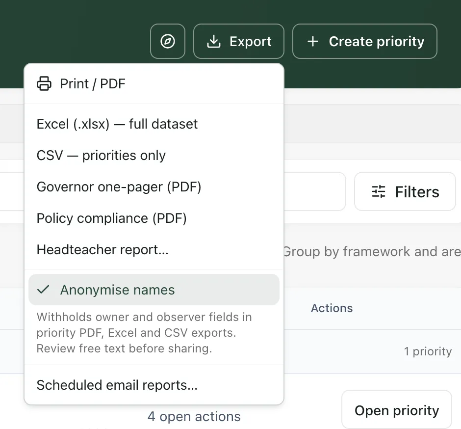 The Export menu: Print / PDF, Excel (.xlsx) — full dataset, CSV — priorities only, Governor one-pager (PDF), Policy compliance (PDF) and Headteacher report…, then Anonymise names, ticked, and Scheduled email reports….