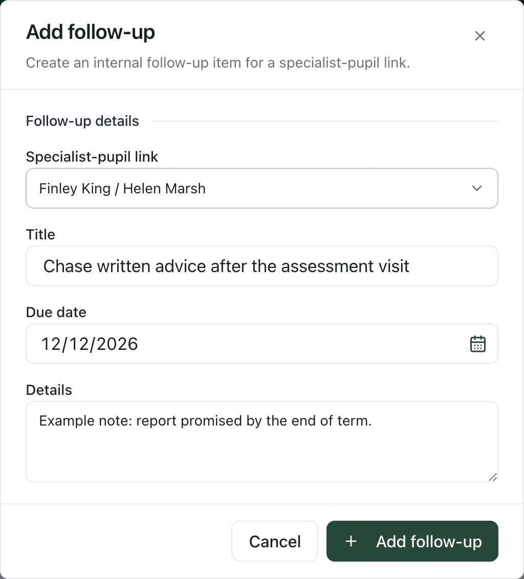 The Add follow-up window for Finley King and Helen Marsh, with a title, a due date of 12/12/2026 and an example note. Cancel and Add follow-up are at the bottom.