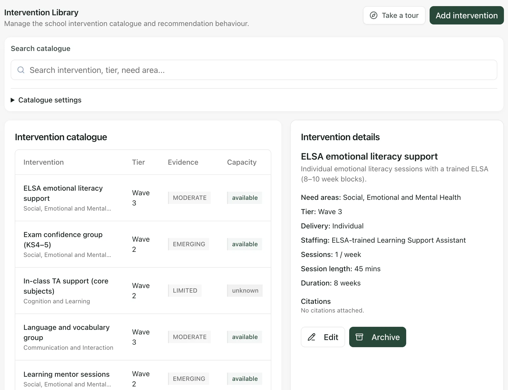 The Intervention Library tab. The catalogue lists interventions with their tier, evidence level and capacity. On the right, Intervention details shows ELSA emotional literacy support, with Edit and Archive buttons.