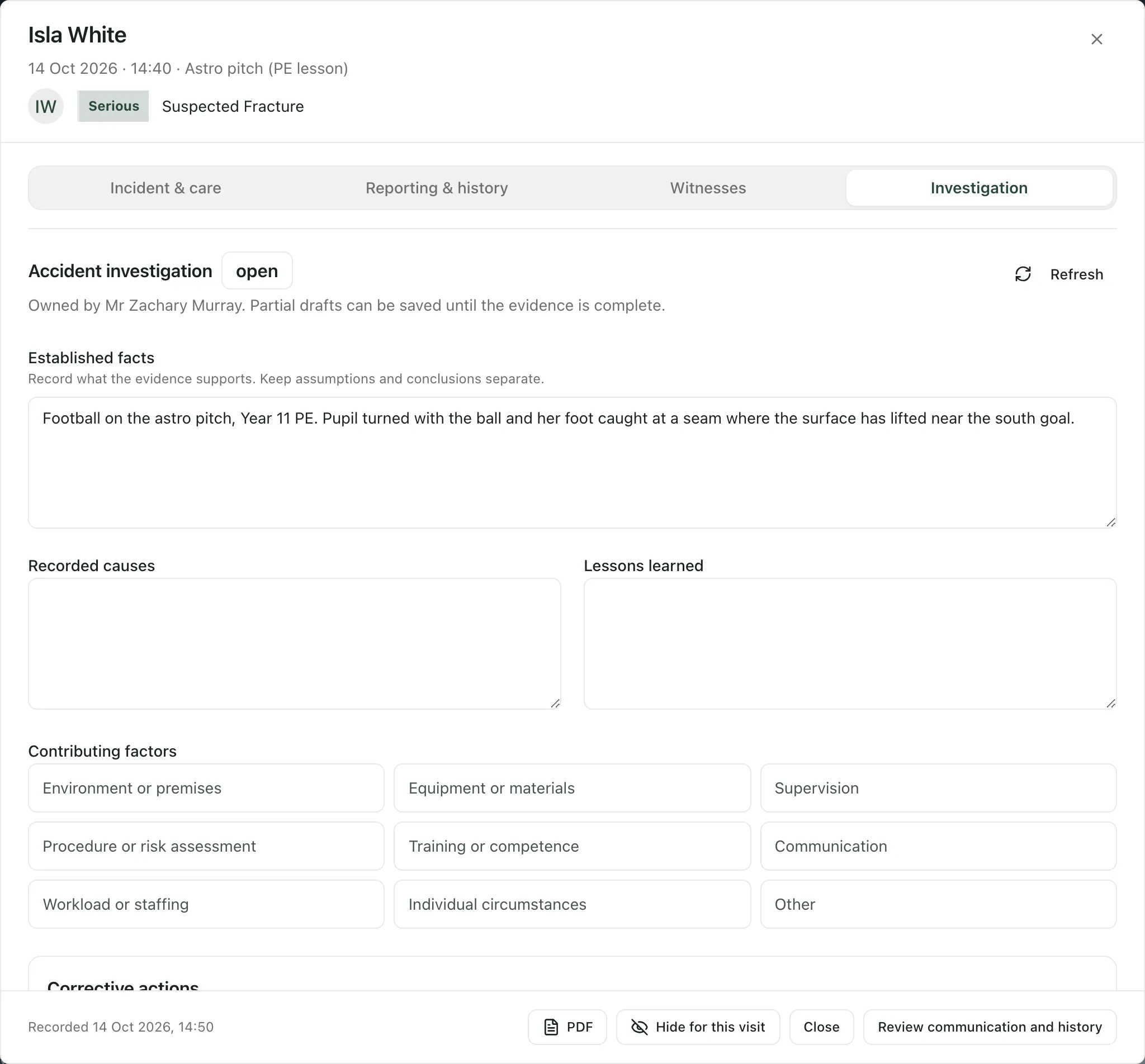 The Investigation tab for Isla White’s incident: the investigation is open, with Established facts filled in, empty Recorded causes and Lessons learned boxes, and the Contributing factors buttons.