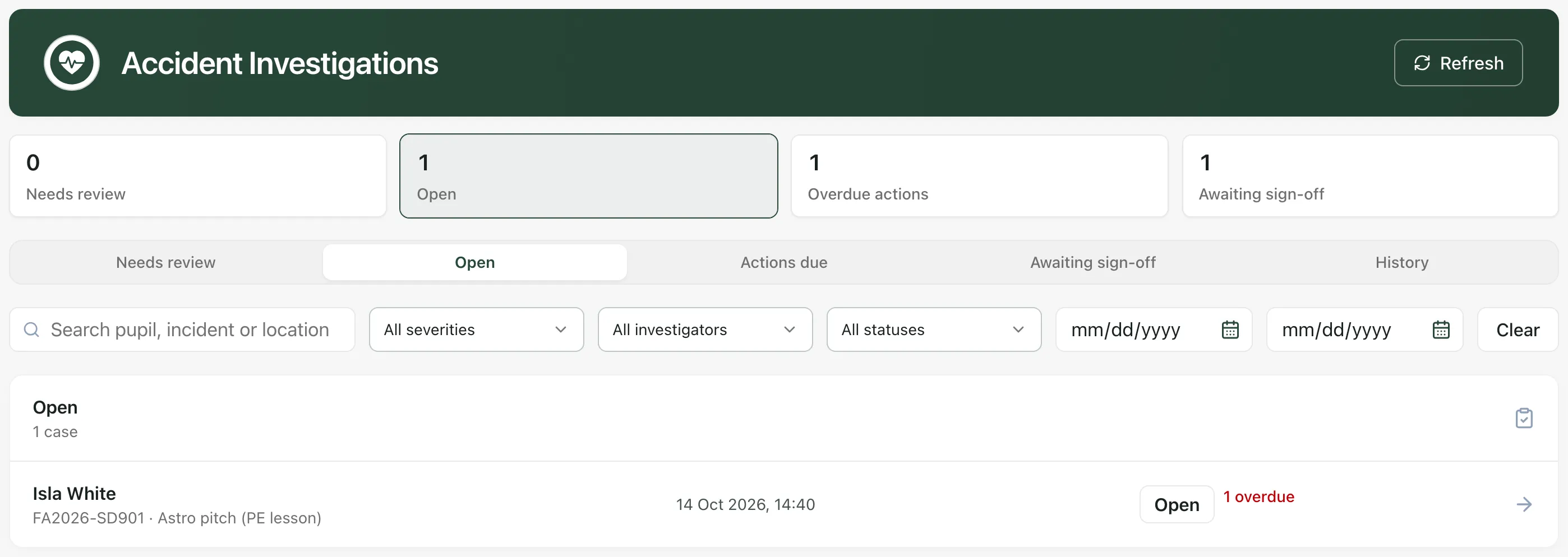 The Accident Investigations page. Cards show 0 Needs review, 1 Open, 1 Overdue actions and 1 Awaiting sign-off. The Open tab is chosen and lists one case, Isla White, with 1 overdue action.