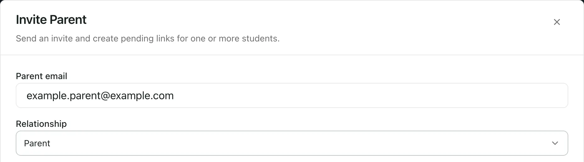 The Invite Parent form with an example parent email and Parent chosen as the relationship.