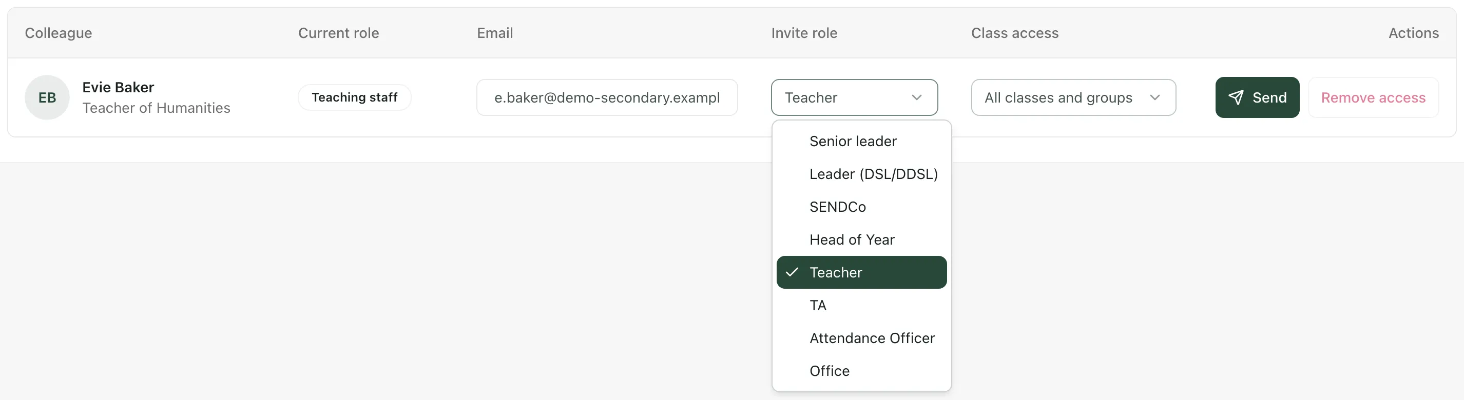 The Invite role list open on Evie Baker’s row, showing Senior leader, Leader (DSL/DDSL), SENDCo, Head of Year, Teacher (selected), TA, Attendance Officer and Office.
