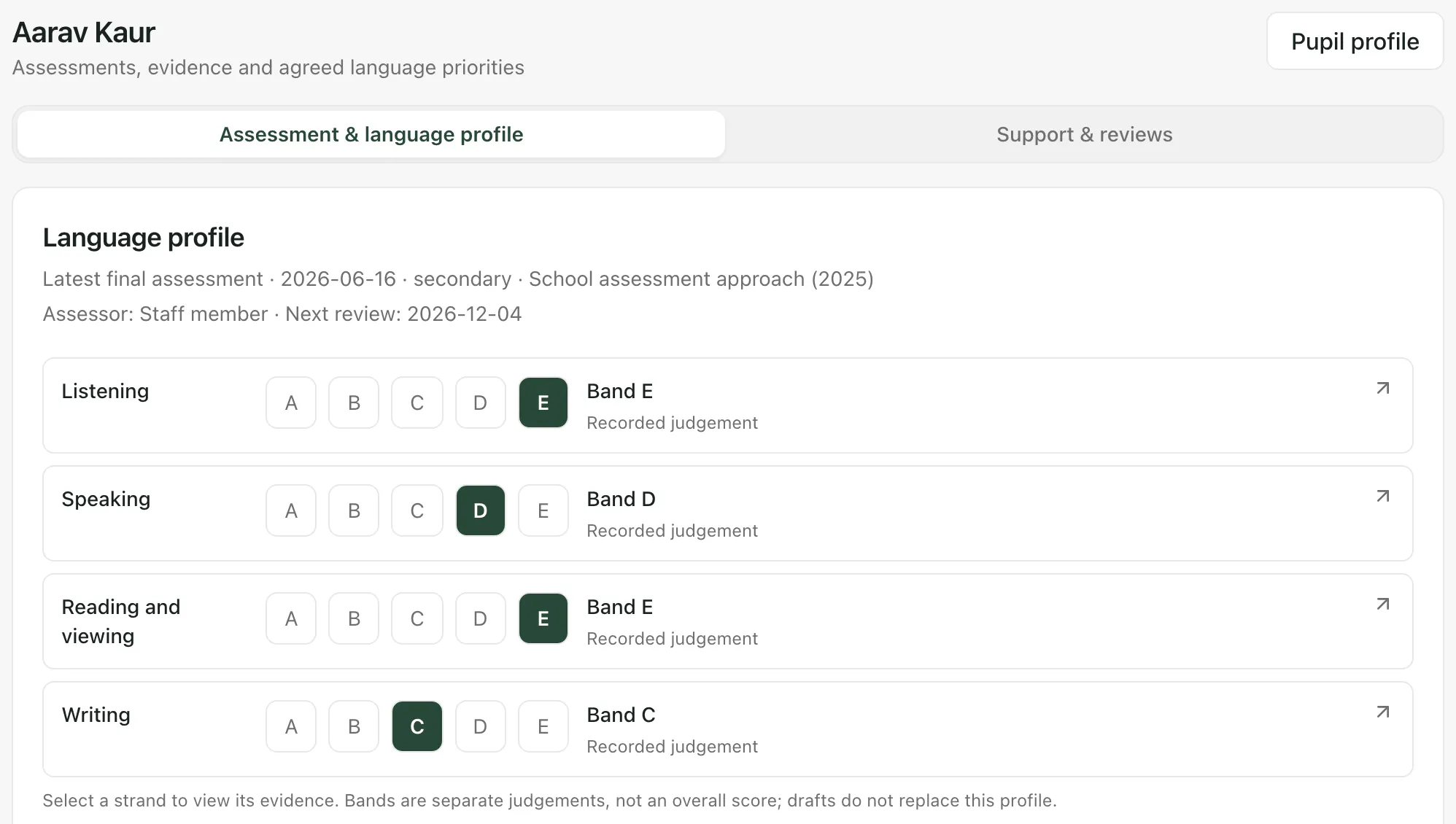Aarav Kaur’s language profile from the latest final assessment, showing a band from A to E for Listening, Speaking, Reading and viewing, and Writing, each marked as a recorded judgement.