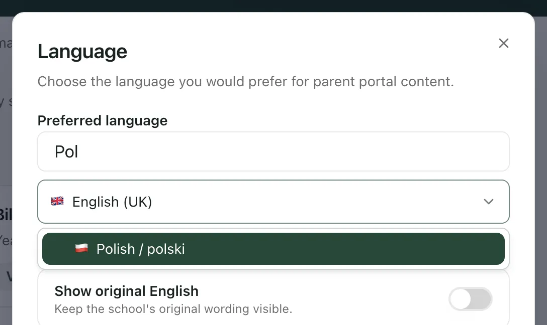 The Language window with Pol typed in the search box. The list shows one match: Polish / polski.