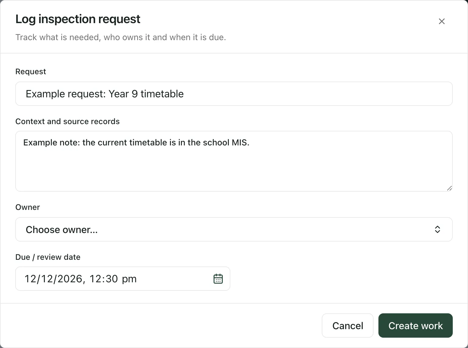 The Log inspection request window with an example request and context, the Owner box still to choose and a due date of 12 December 2026 at 12, above Cancel and Create work.