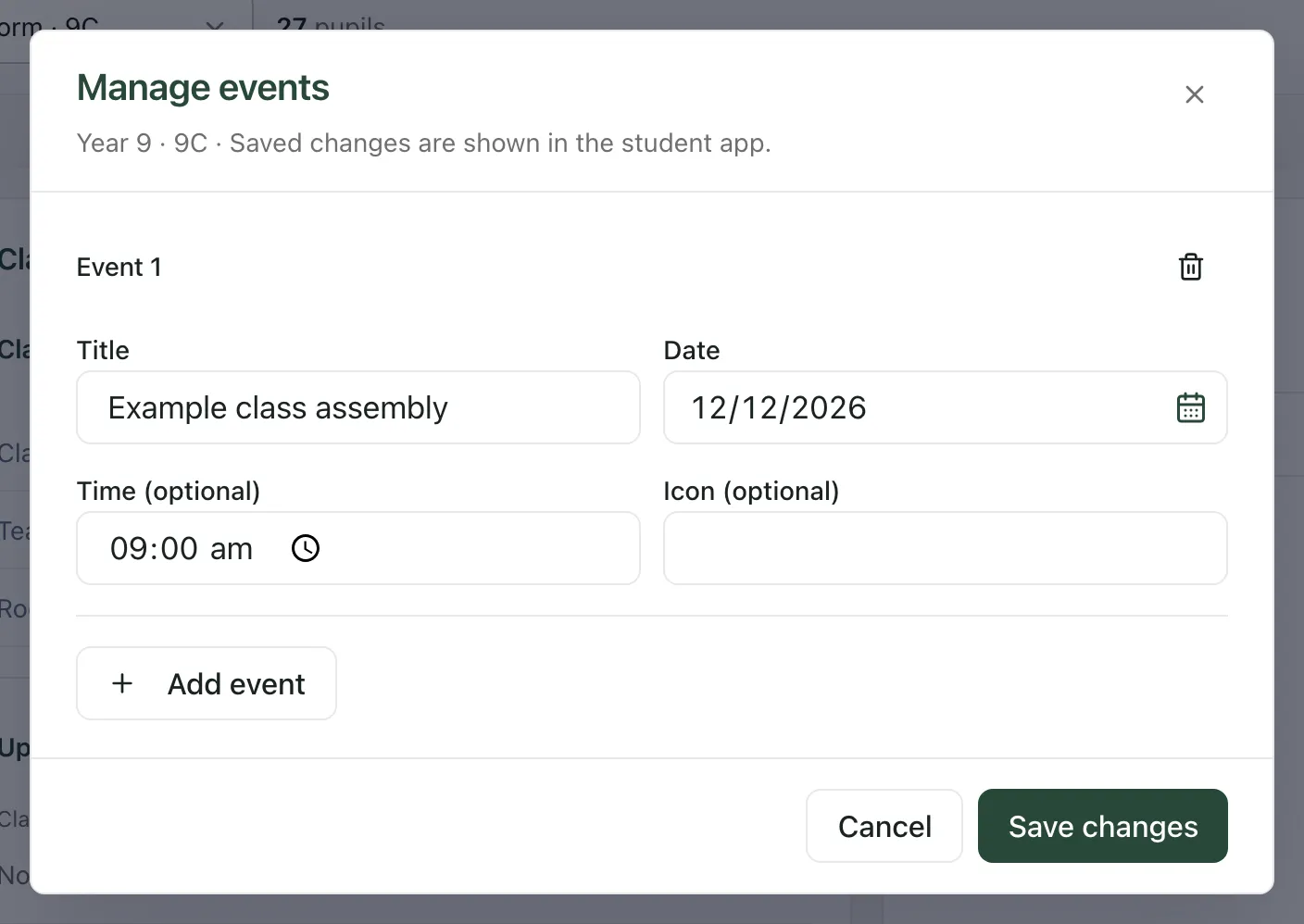 The Manage events window with one event: Example class assembly, on 12 December 2026 at 9am. The Save changes button is at the bottom.