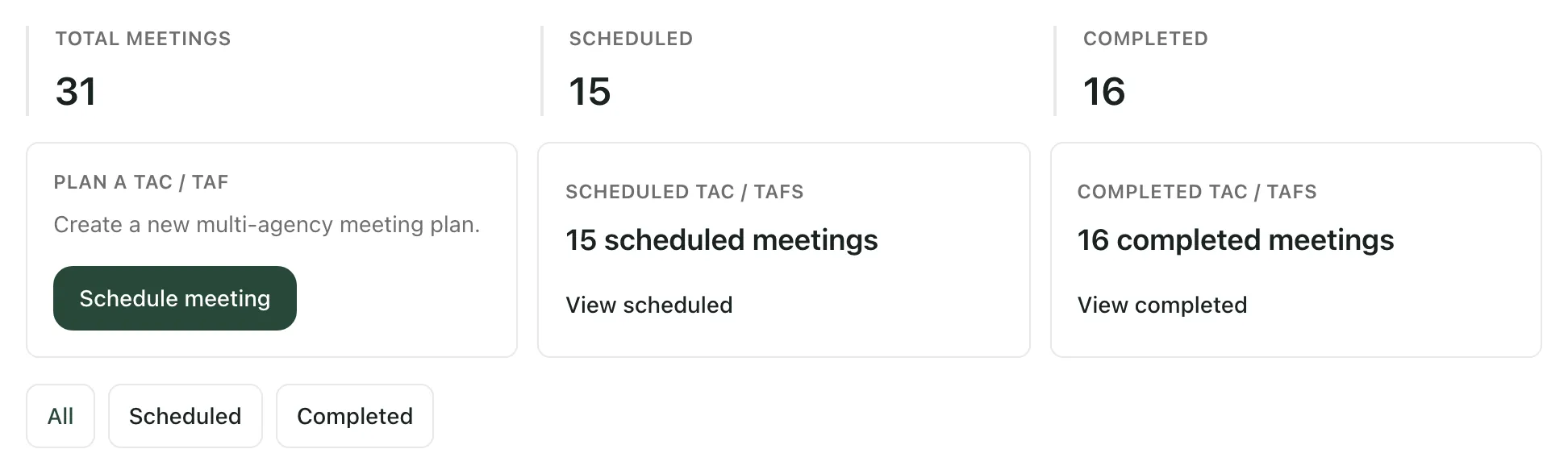 The TAC/TAF Scheduling page: total, scheduled and completed meeting counts, the Plan a TAC / TAF card with its Schedule meeting button, the scheduled and completed cards, and the All, Scheduled and Completed filters.