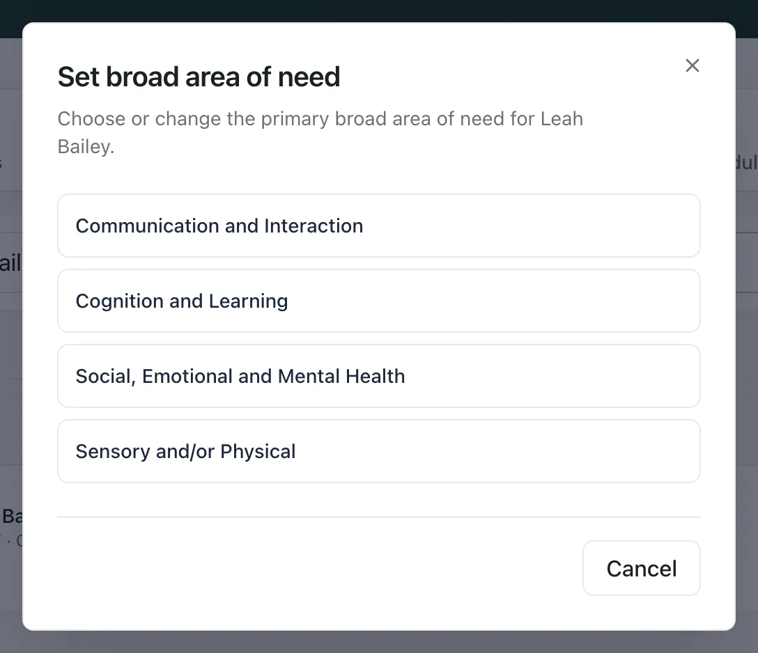 The Set broad area of need window for Leah Bailey, listing the four broad areas of need.