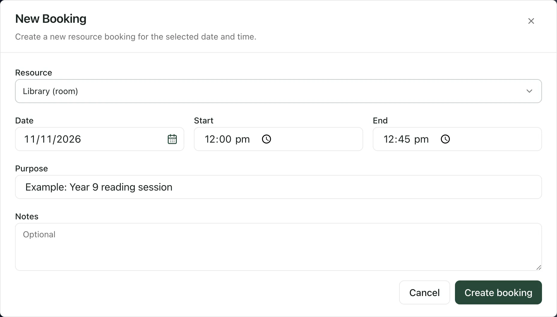 The New Booking form for the Library, with an example date, a start time of 12, an end time of 12 and an example purpose. Cancel and Create booking are at the bottom.