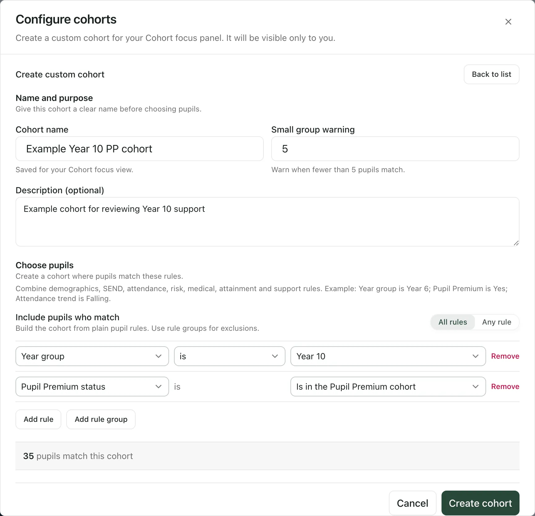 The Create custom cohort form filled in: the cohort name is Example Year 10 PP cohort, with the rules Year group is Year 10 and Pupil Premium status is in the Pupil Premium cohort. 35 pupils match, and the Create cohort button is showing.