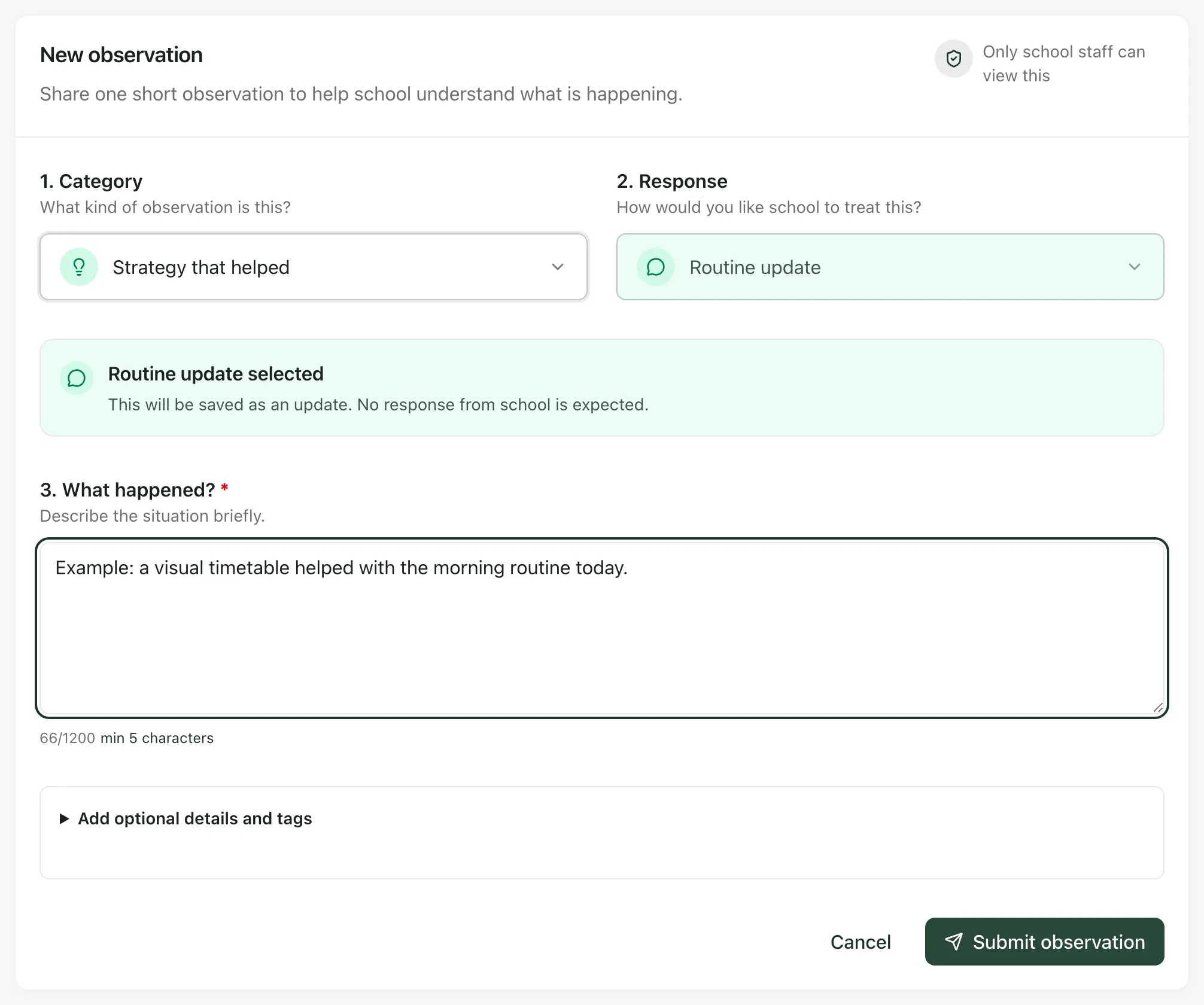 The New observation form with Strategy that helped as the category, Routine update as the response, and an example observation about a visual timetable helping with the morning routine. Cancel and Submit observation are at the bottom.