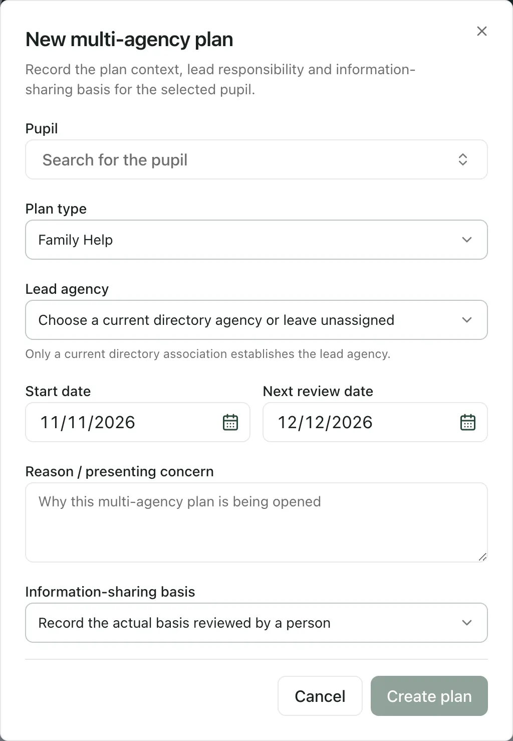 The New multi-agency plan window with the Pupil search, Plan type, Lead agency, Start date, Next review date, Reason / presenting concern and Information-sharing basis. Create plan is greyed out.