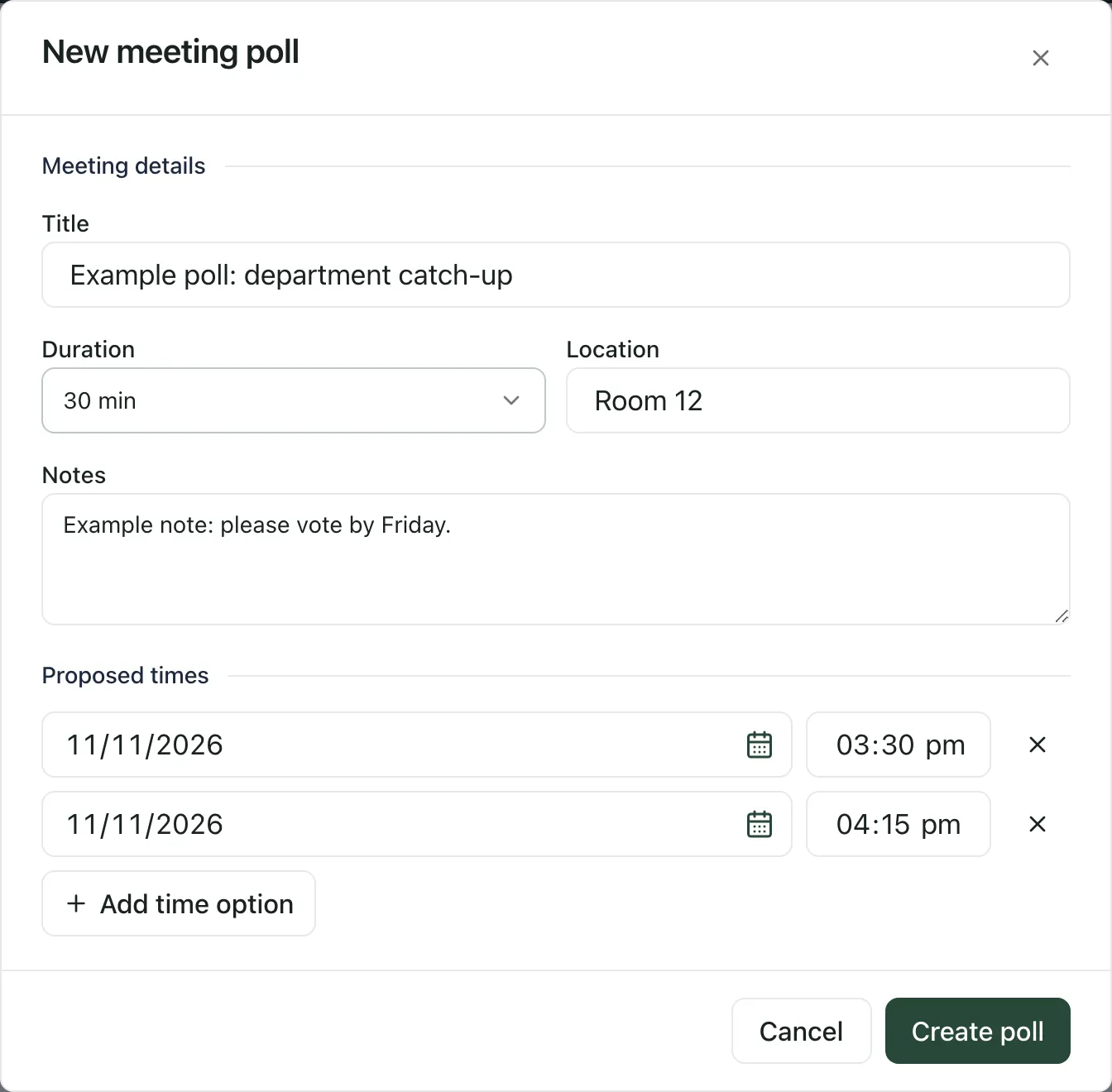 The New meeting poll window filled in for an example department catch-up in Room 12, with two proposed times on 11/11/2026 (11 November), at 15 and 16. Create poll is at the bottom.