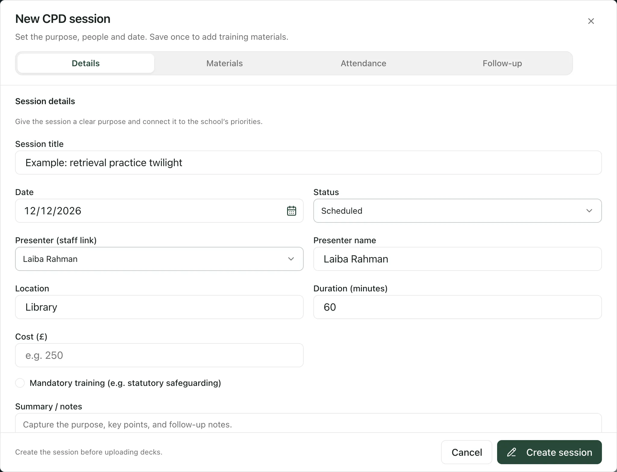 The New CPD session window on the Details tab, filled in with an example title, the date 12 December 2026, Laiba Rahman as the presenter, the Library as the location and a duration of 60 minutes. The Create session button is at the bottom.