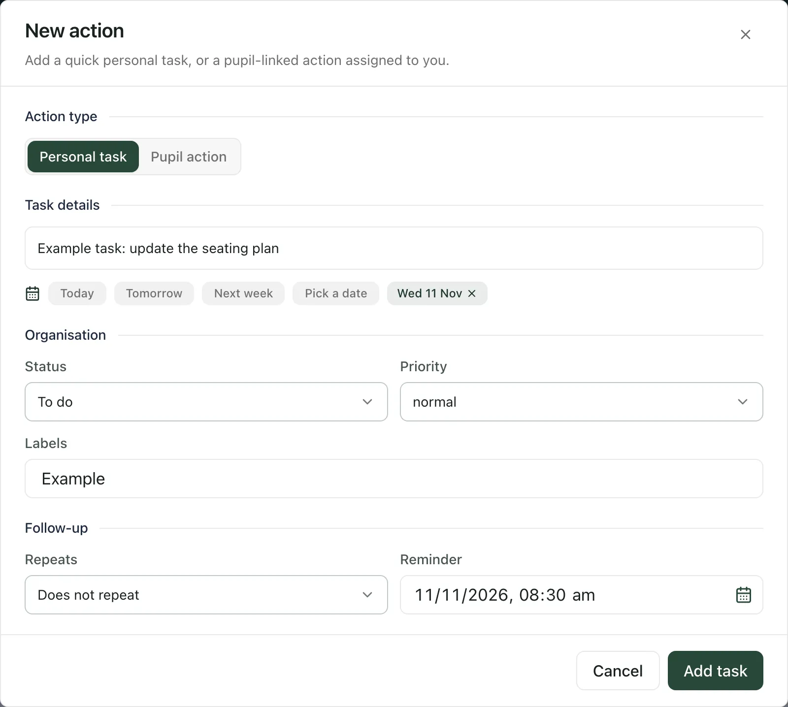 The New action window with Personal task selected. The task reads “Example task: update the seating plan”, it is due on Wed 11 Nov, with a reminder at 08 on 11/11/2026, and the Add task button is at the bottom.