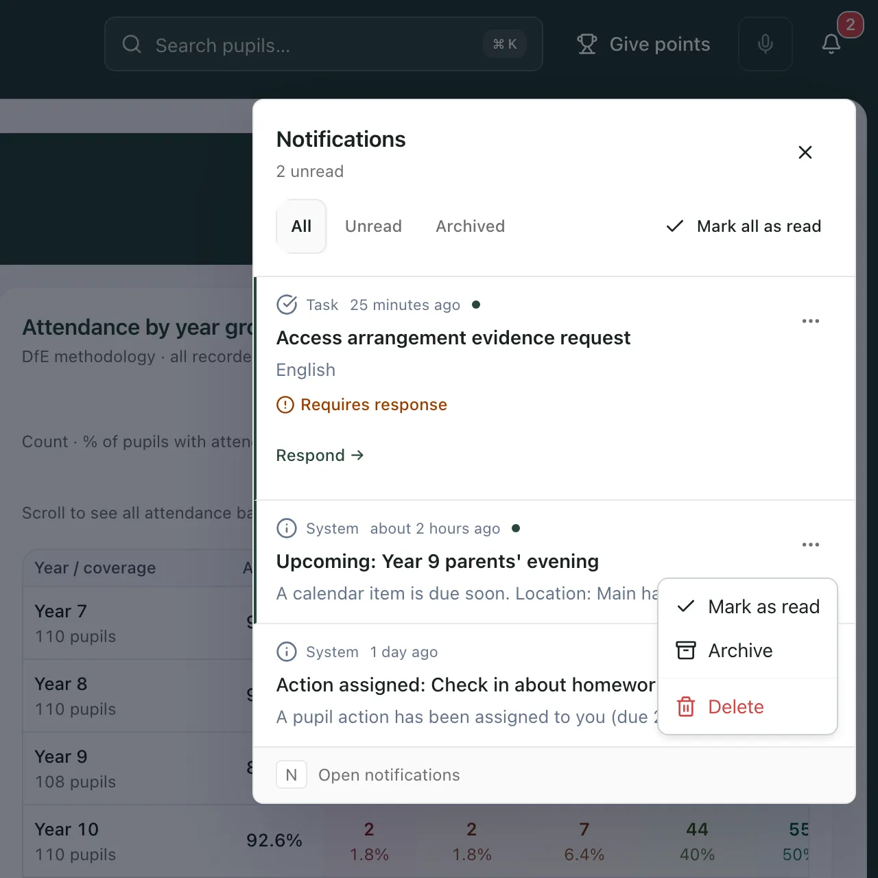 The options for a calendar reminder: Mark as read, Archive and Delete.