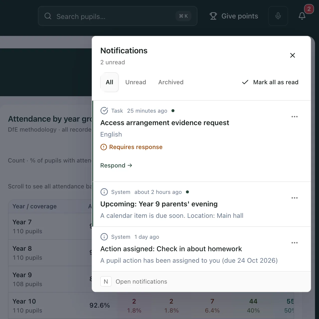 The Notifications panel with 2 unread. It lists an access arrangement evidence request marked Requires response with a Respond link, a calendar reminder and an assigned action.