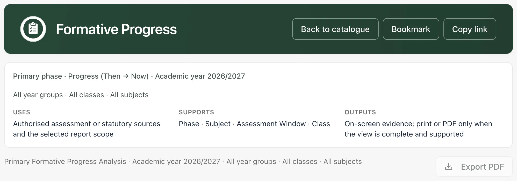 The Formative Progress report, with Back to catalogue, Bookmark and Copy link at the top, the scope it covers (primary phase, academic year, all year groups, classes and subjects) and an Export PDF button.