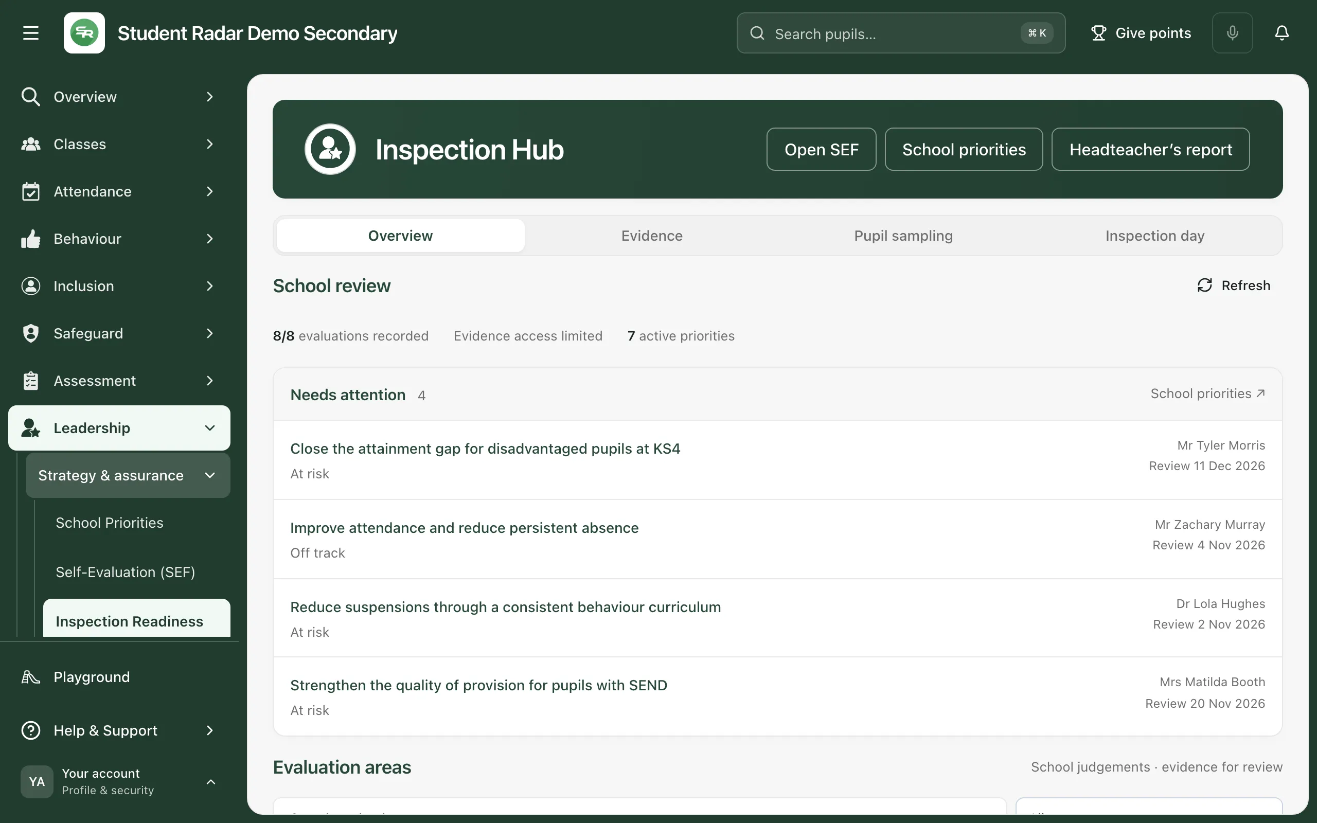The Inspection Hub Overview tab. School review shows 8/8 evaluations recorded, Evidence access limited and 7 active priorities. Needs attention lists four priorities with their status, owner and review date.