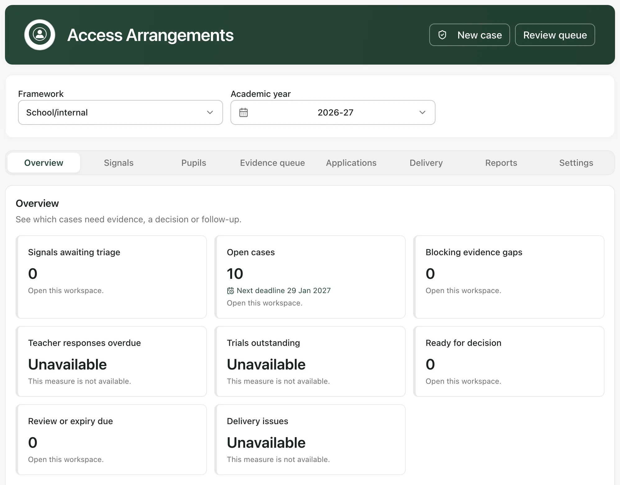 The Access Arrangements page, with New case and Review queue at the top, the Framework and Academic year choices, and the workspace tabs from Overview to Settings. The Overview shows counts such as Open cases, with the next deadline, and Ready for decision.