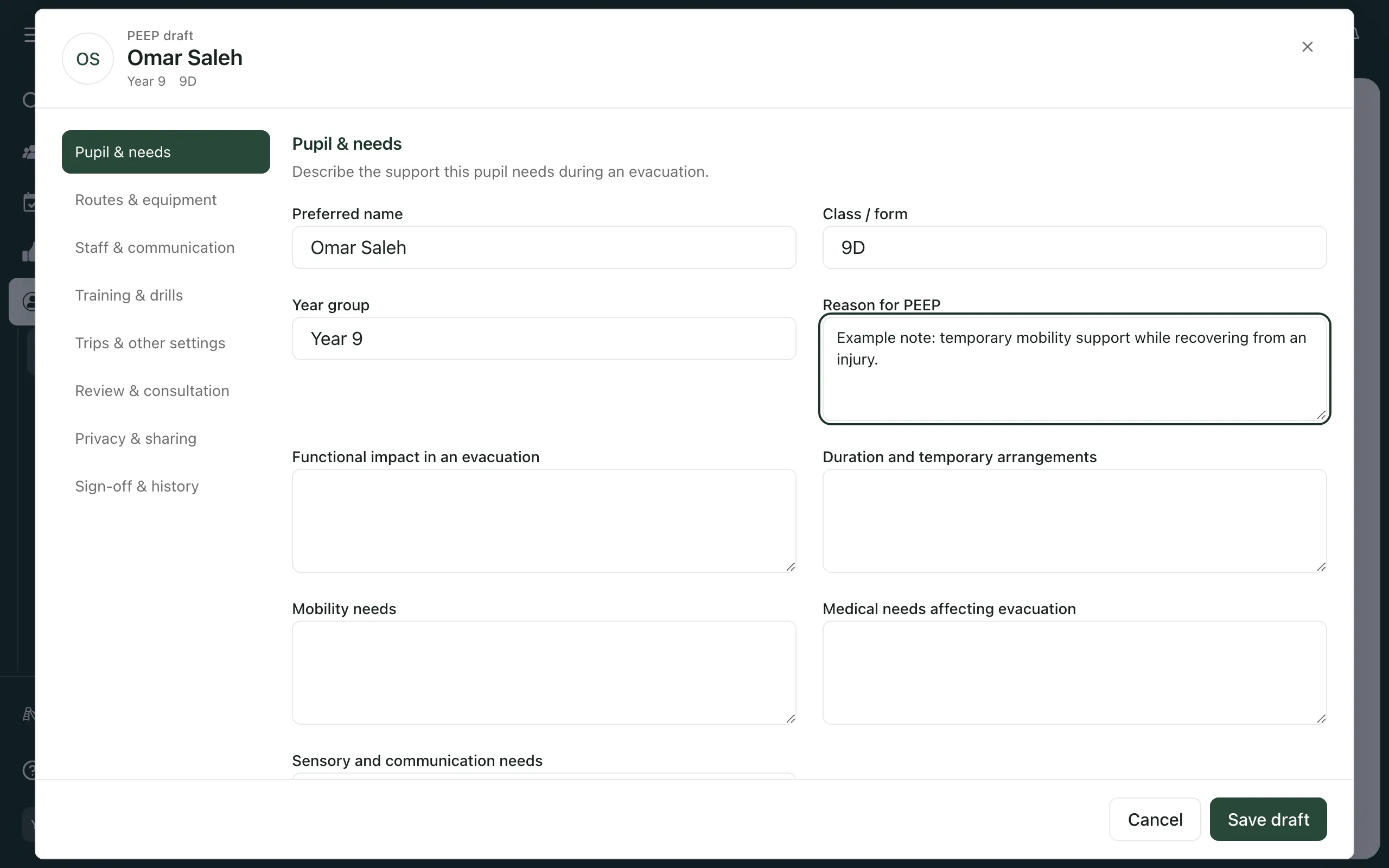 A new PEEP draft for Omar Saleh open on Pupil & needs, with an example reason in Reason for PEEP and the Cancel and Save draft buttons.