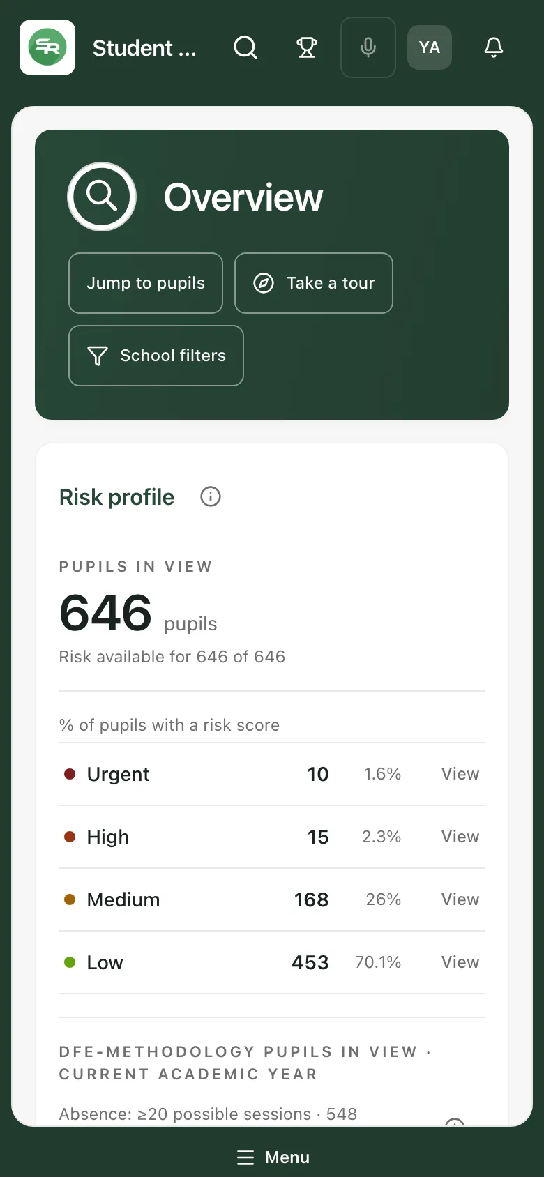 Student Radar on a phone. Across the top are the school logo, a magnifying glass, a trophy, a microphone, the account initials and a bell. The Menu button runs along the bottom of the screen.