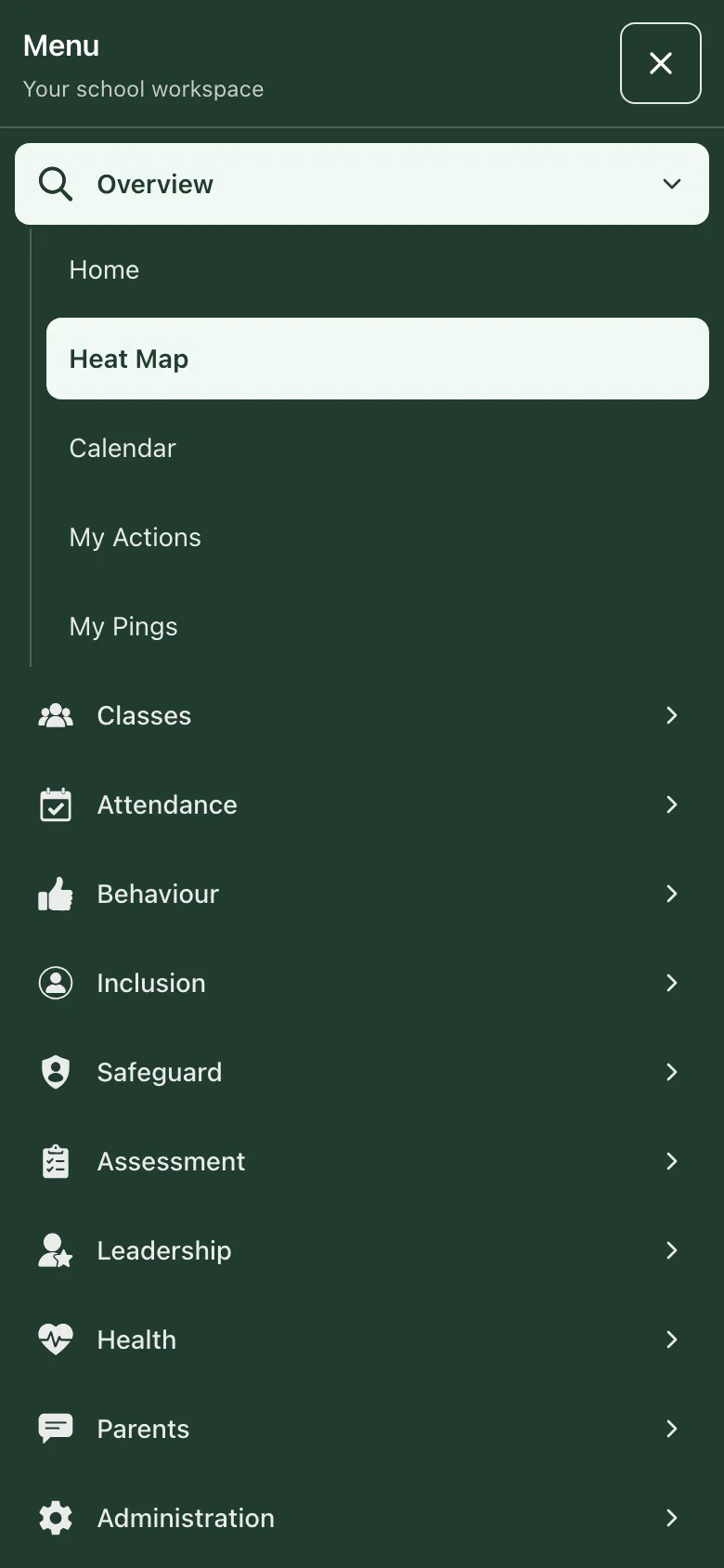 The Menu panel on a phone, with Overview open to show Home, Heat Map, Calendar, My Actions and My Pings. Classes, Attendance, Behaviour and the other sections are listed below.