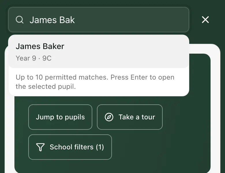 The search box open on a phone, with James Bak typed in. The list shows James Baker, Year 9, 9C.