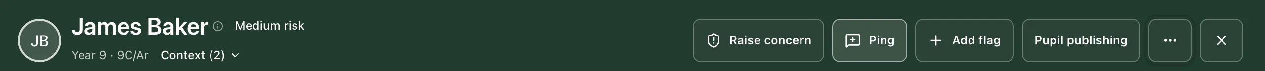 The top of James Baker’s profile, with the Raise concern, Ping, Add flag and Pupil publishing buttons.