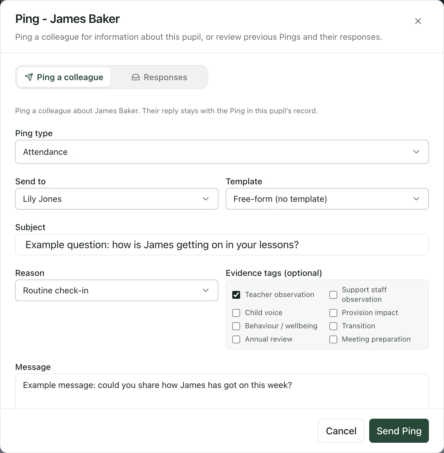 The Ping window for James Baker, filled in with an example subject and message, Lily Jones chosen under Send to and Routine check-in as the reason. Send Ping is at the bottom.