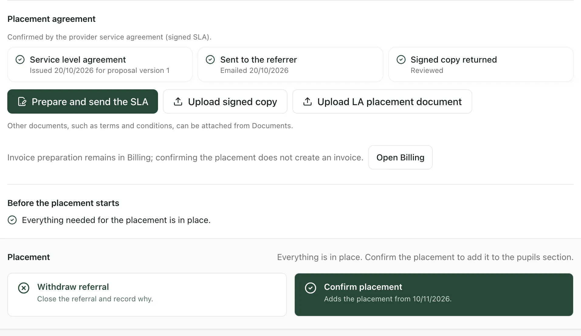 The Placement confirmation card. Under Placement agreement, the service level agreement is issued, sent to the referrer and its signed copy returned, with Prepare and send the SLA, Upload signed copy and Upload LA placement document buttons. Before the placement starts says everything needed is in place. At the foot are Withdraw referral and Confirm placement, which adds the placement from 10 November 2026.