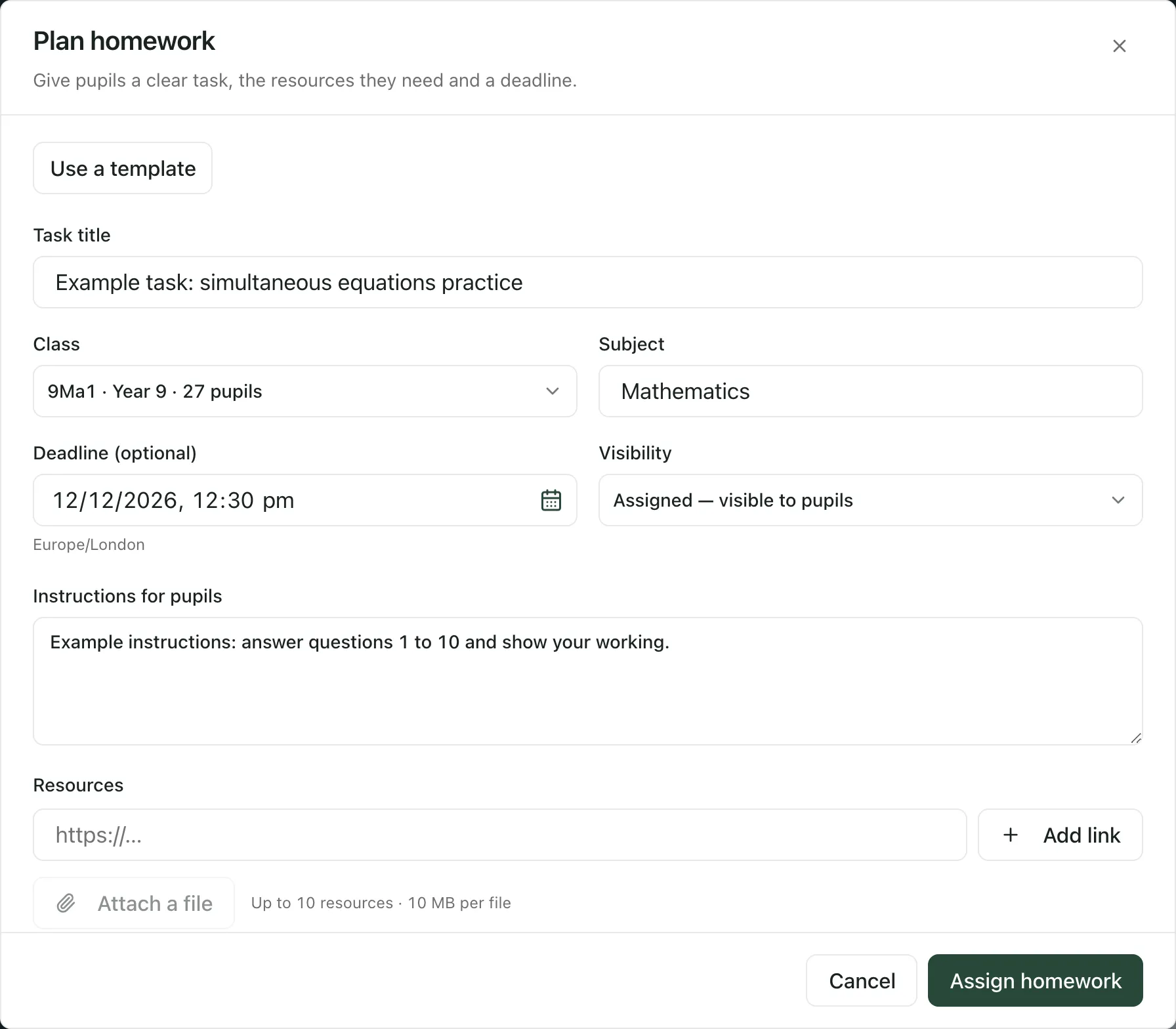The Plan homework window filled in for the class 9Ma1: a task title, the subject Mathematics, a deadline of 12 December 2026 at 12, Visibility set to Assigned — visible to pupils, and instructions for pupils. Assign homework is at the bottom.