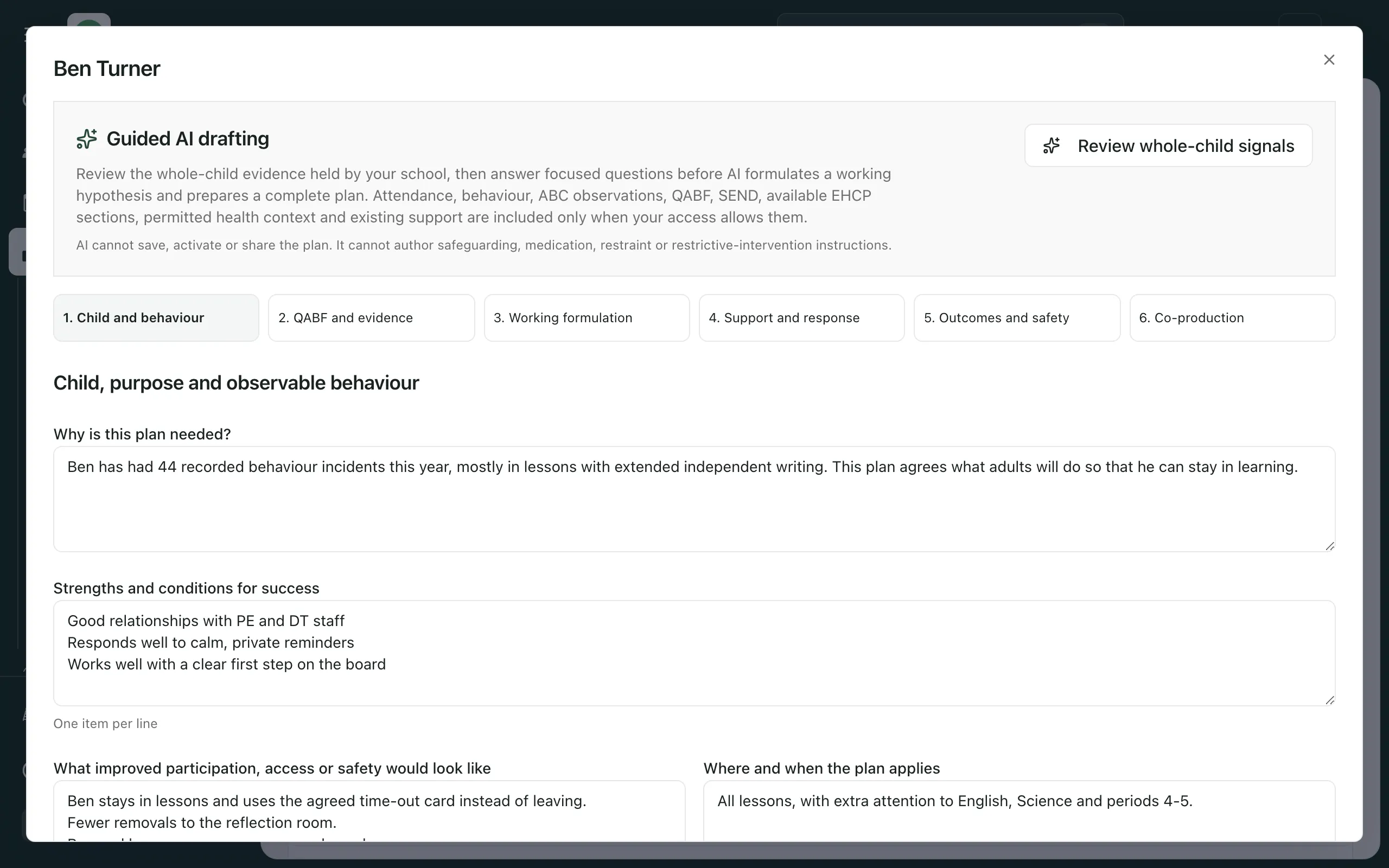 Ben Turner’s draft plan, open on Child and behaviour. Guided AI drafting is at the top, with the Review whole-child signals button, and the six plan sections below it.