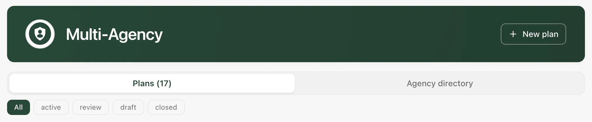 The Multi-Agency page with the New plan button, the Plans and Agency directory tabs, and the status buttons All, active, review, draft and closed.