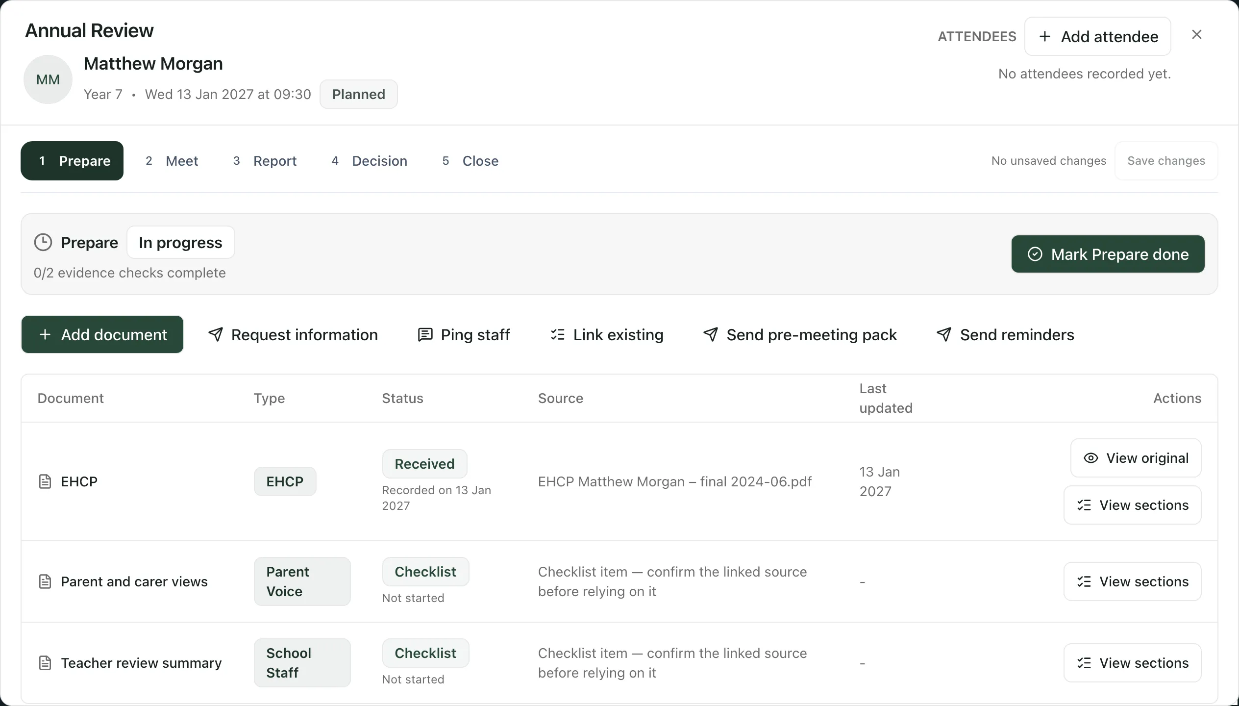 Matthew Morgan’s review open on the Prepare stage. Add attendee is at the top right. Below the stage tabs are Mark Prepare done and the Prepare actions, then a table listing the EHCP and the checklist items for parent and carer views and the teacher review summary.