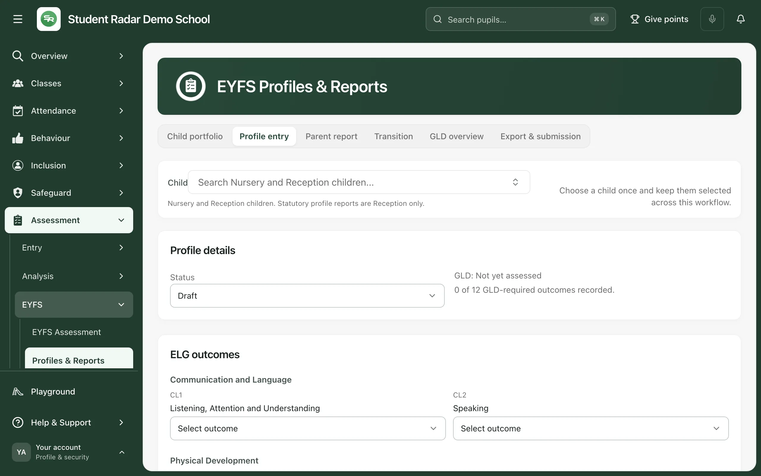 The EYFS Profiles & Reports page on the Profile entry tab. The tabs are Child portfolio, Profile entry, Parent report, Transition, GLD overview and Export & submission. Below them is the Child box, then the Profile details and ELG outcomes sections.