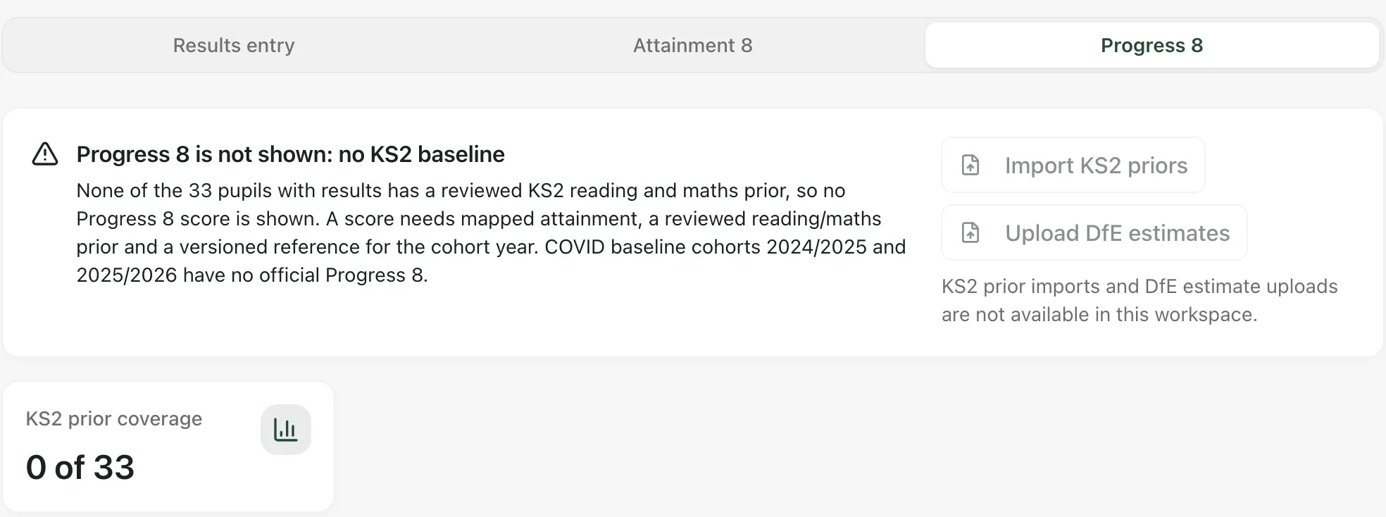 The Progress 8 tab. A notice reads Progress 8 is not shown: no KS2 baseline, and explains what a score needs. Import KS2 priors and Upload DfE estimates are greyed out, with the note that these aren’t available in this workspace. KS2 prior coverage is 0 of 33.