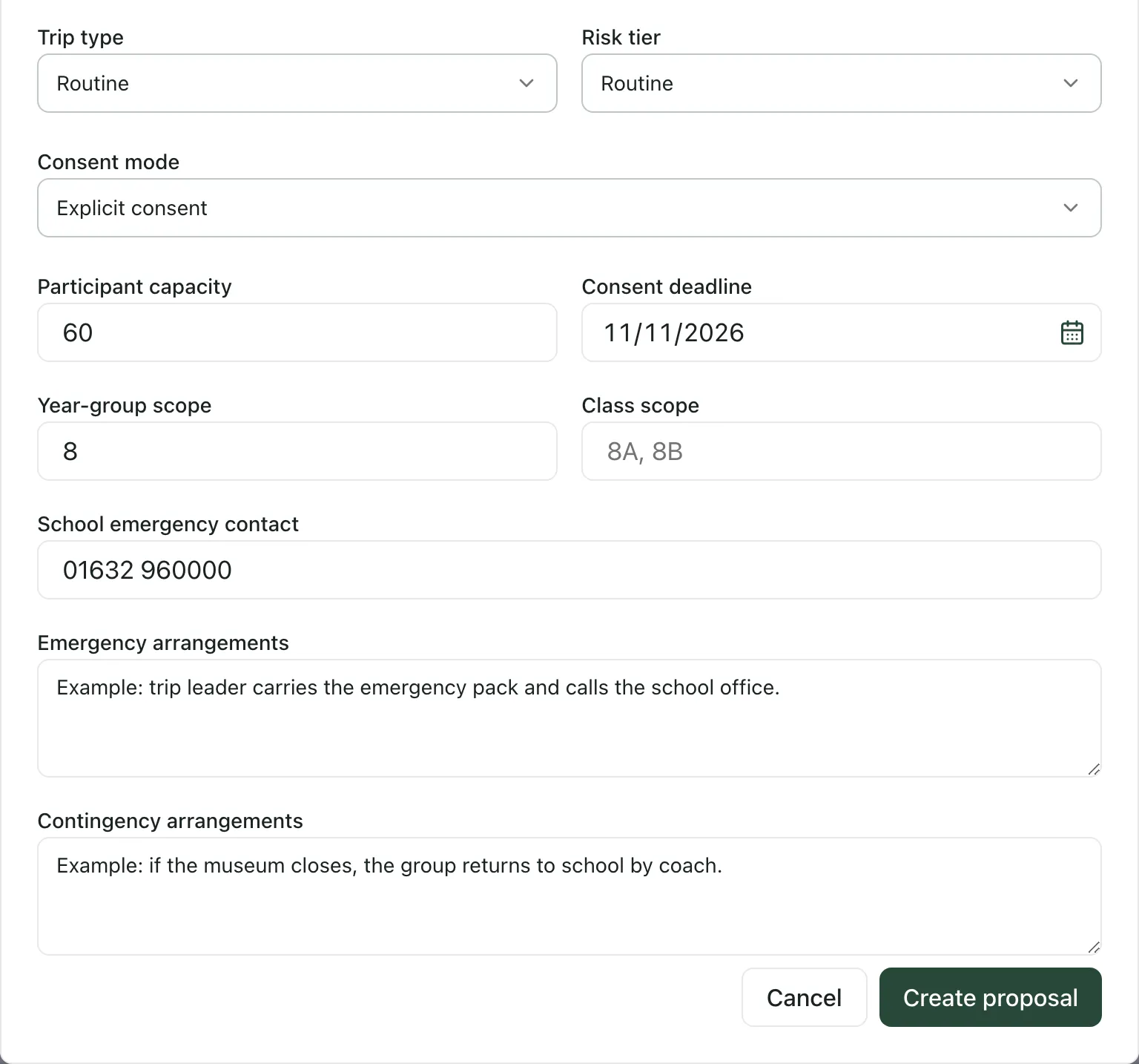 The lower part of the New trip proposal window: routine trip type and risk tier, explicit consent, 60 places, a consent deadline of 11 November 2026, Year 8, an example emergency contact number and arrangements, and the Create proposal button.