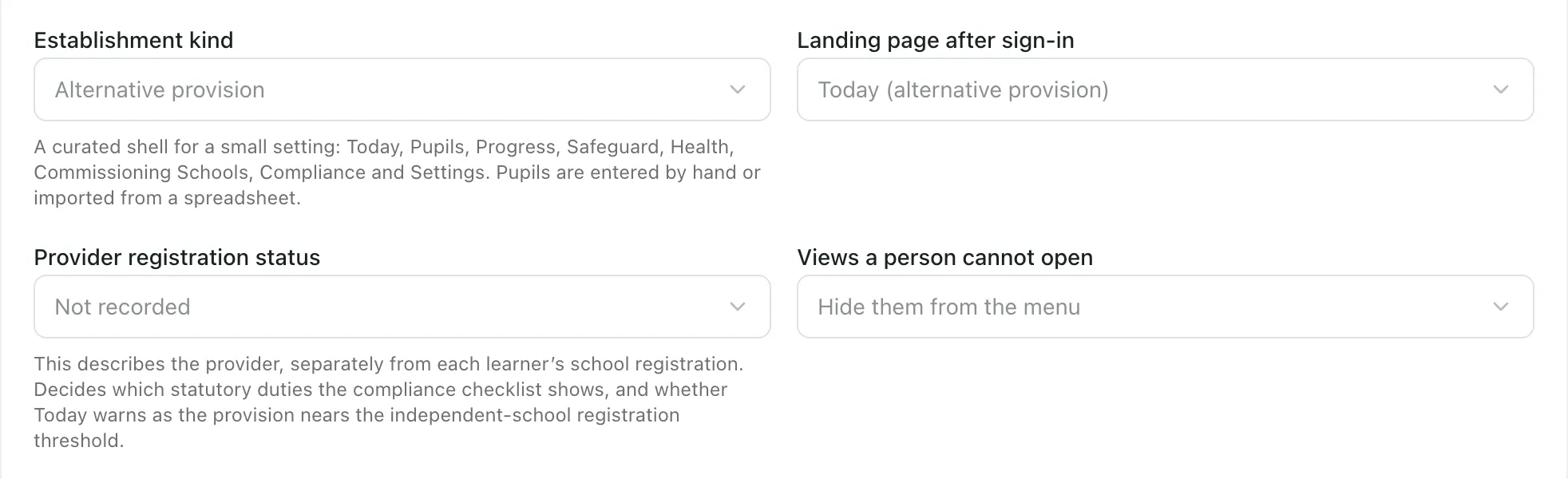 The Setting profile fields for an alternative provision: Establishment kind Alternative provision, Landing page after sign-in Today (alternative provision), Provider registration status Not recorded with its help text, and Views a person cannot open Hide them from the menu.