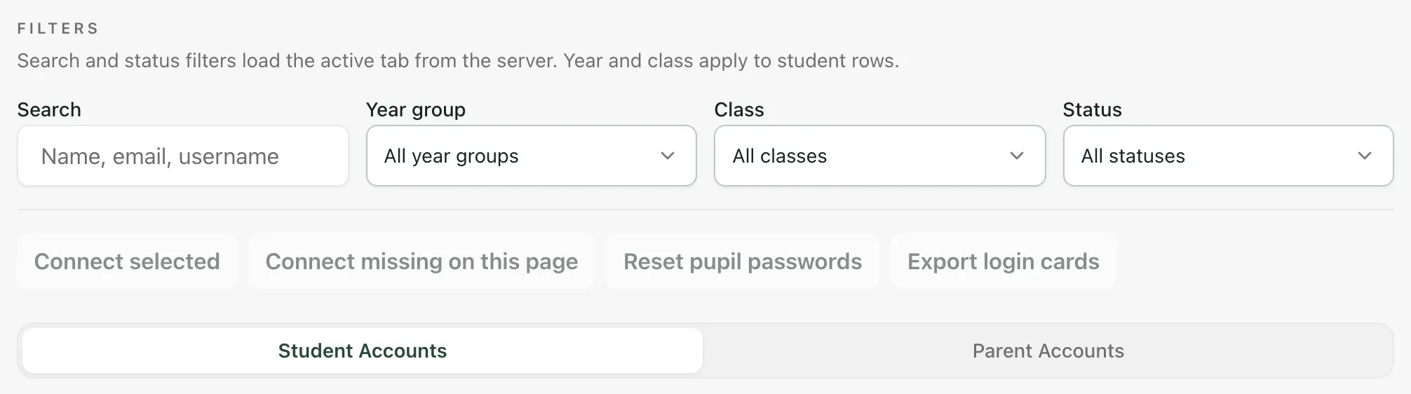 The filters (Search, Year group, Class and Status) and the Connect selected, Connect missing on this page, Reset pupil passwords and Export login cards buttons, above the Student Accounts and Parent Accounts tabs.