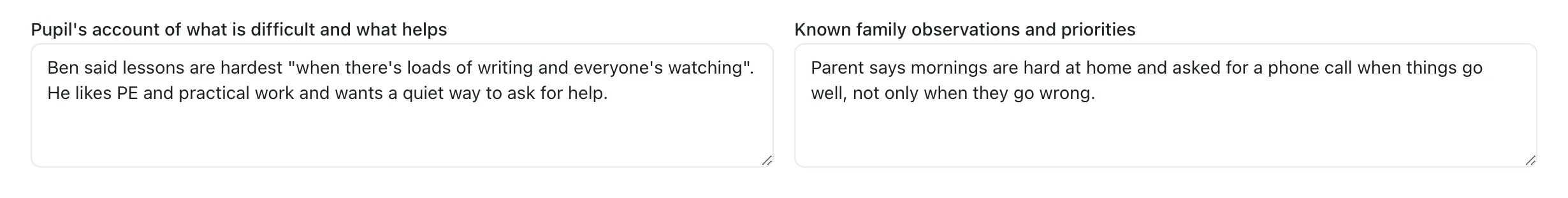Ben Turner’s draft plan, with his account of what is difficult and what helps, next to the family’s observations and priorities.