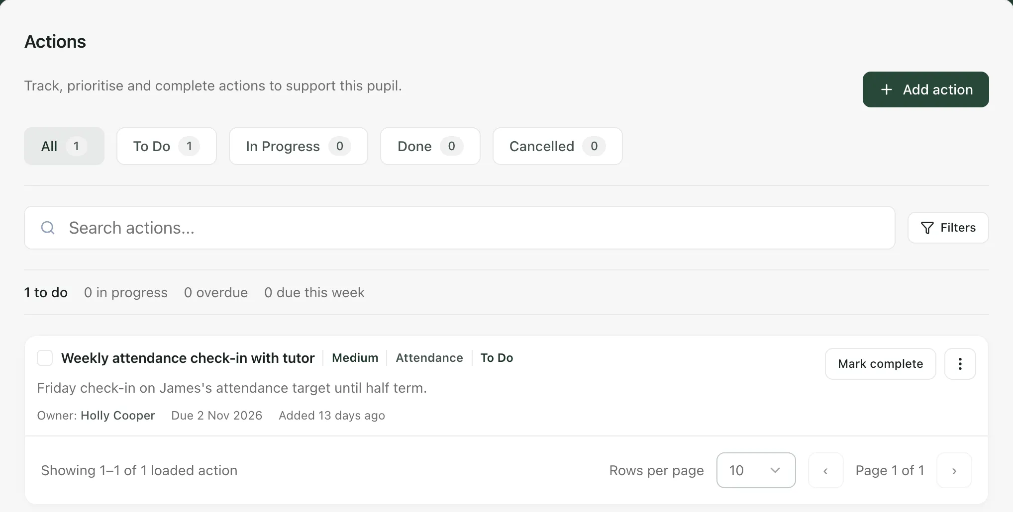 The Actions section of James Baker’s profile. One action, “Weekly attendance check-in with tutor”, has Holly Cooper as its owner and is due on 2 November.